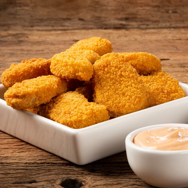 Golden-brown chicken nuggets in a white rectangular dish, with a small bowl of dipping sauce.